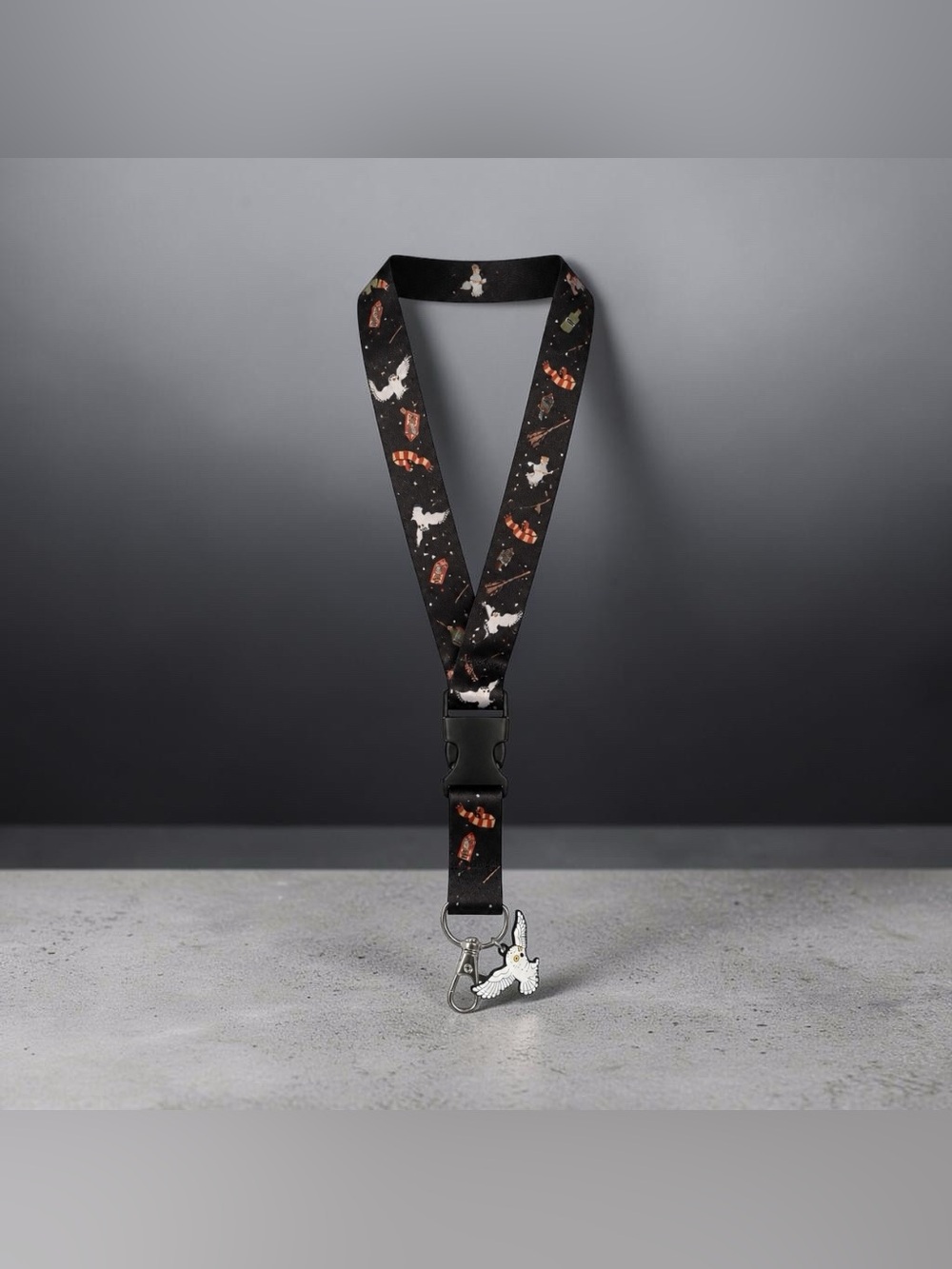 Black Owl Print Lanyard with Silver Charm - Key & Card Holder